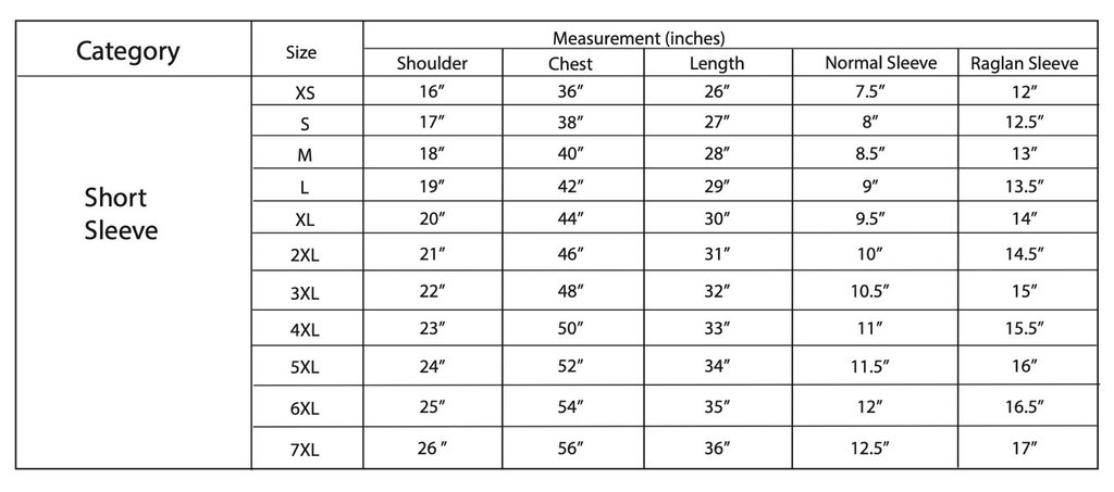 T-shirt Size Chart