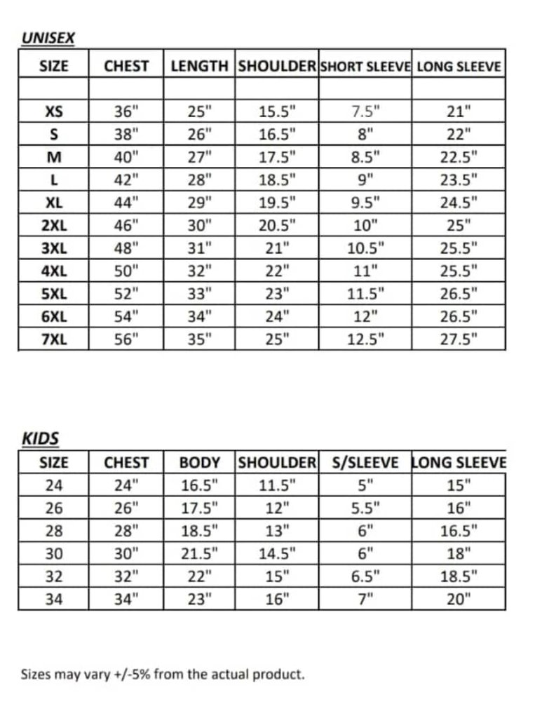 T-shirt Size Chart